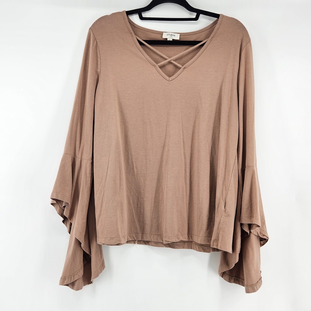 Boho Umgee Taupe Brown Bell Sleeve Top Tunic Large Peasant Layering Fairy